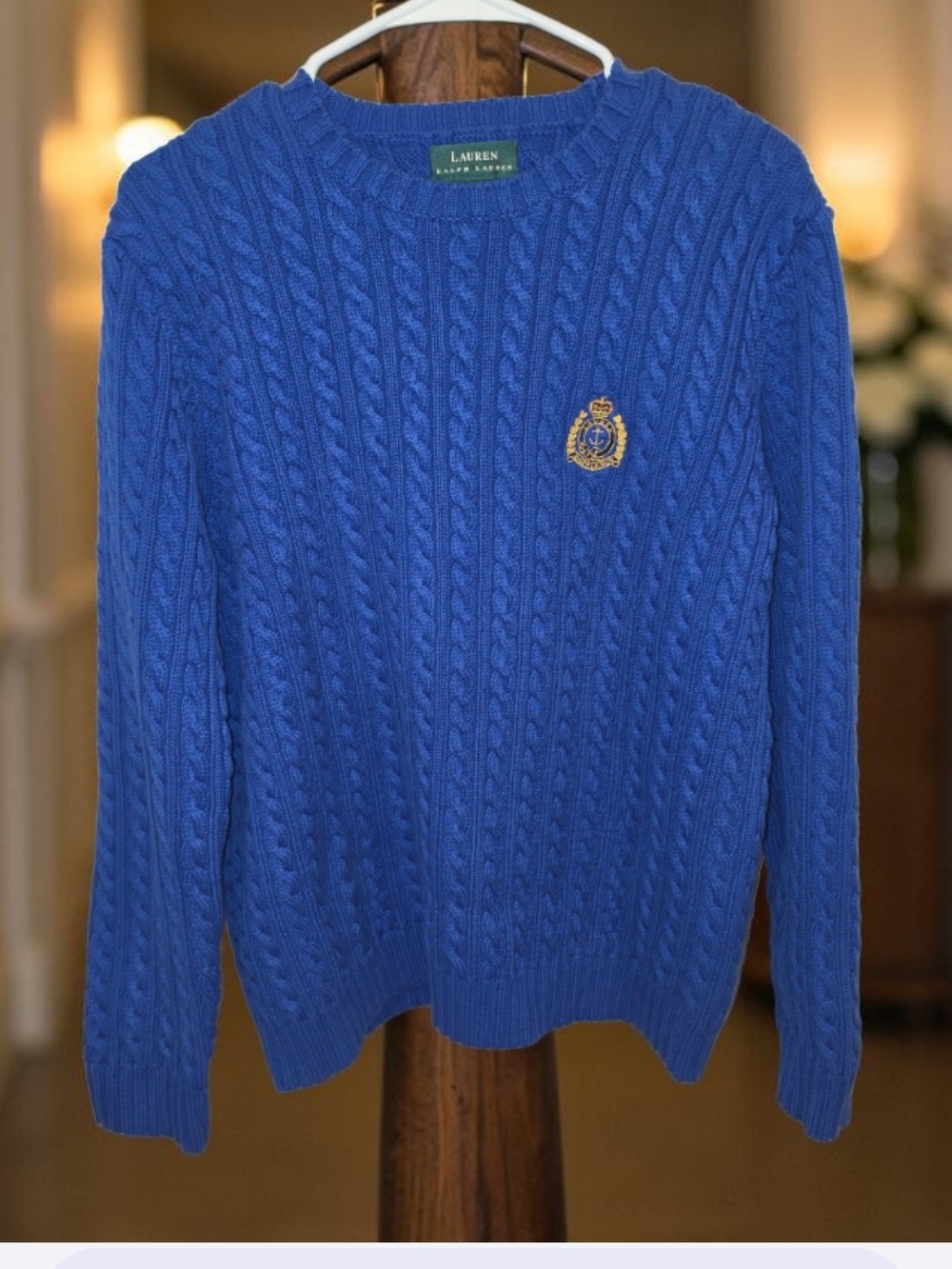 Ralph Lauren Royal Women's Blue Cable Knit Crewneck Sweater with Crest Size-Larg